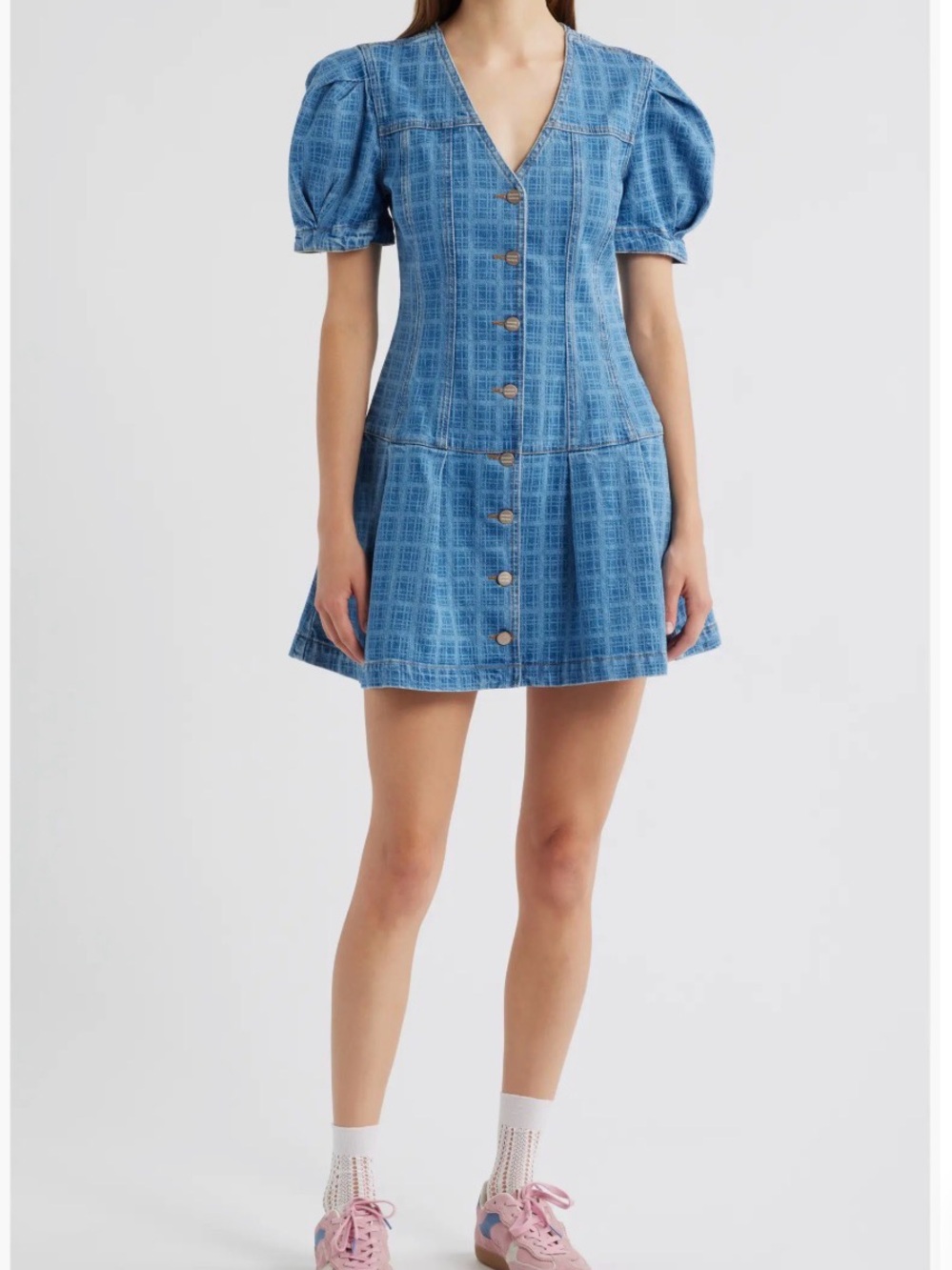 Blue Denim Button-Front Puff Sleeve Mini Dresse